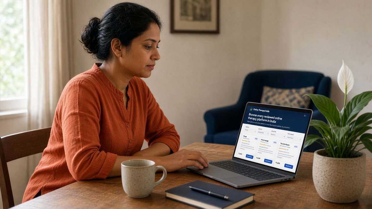 A woman browsing Online Therapy India and comparing platforms on a laptop